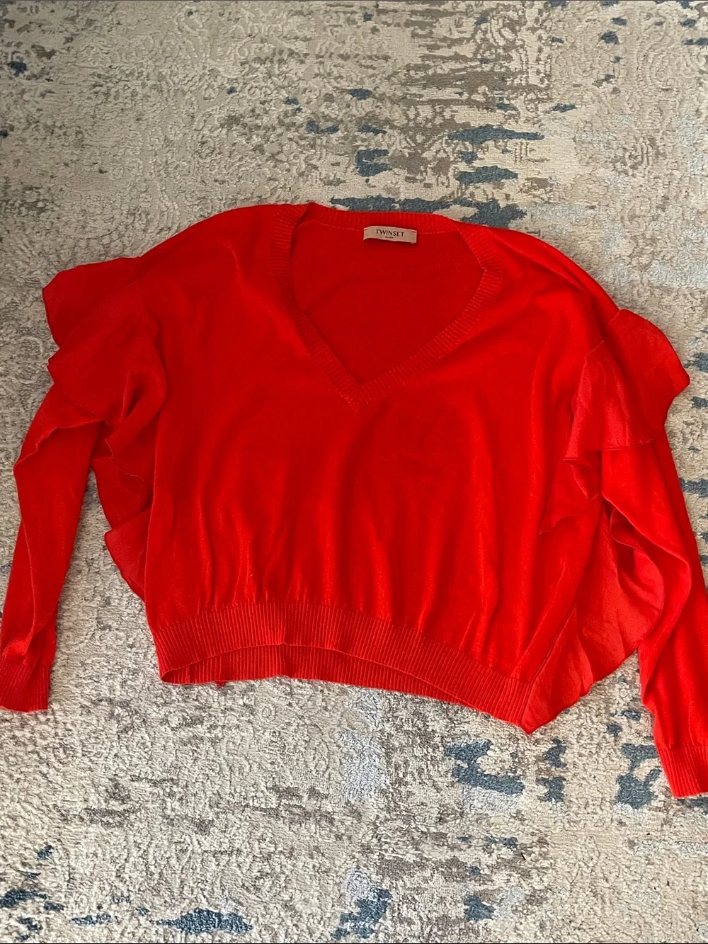 Twin-Set Bright Red V-Neck Ruffle Sleeve Sweater